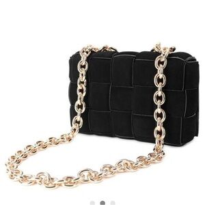 NWT Tiffany and Fred Paris Black Woven Suede Shoulder Bag with Gold Chain